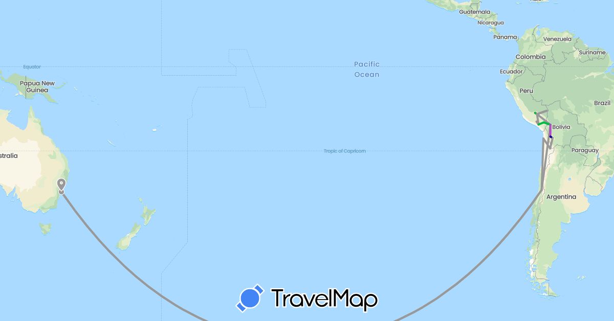 TravelMap itinerary: driving, bus, plane, train, hiking in Australia, Bolivia, Chile, Peru (Oceania, South America)